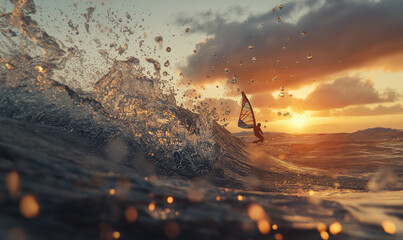 Windsurfer Cutting Through Waves at Sunrise, Capturing the Beauty of the Morning Waters