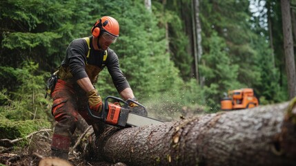 A forestry worker in a helmet and safety chaps, operating a chainsaw on a felled tree, with a dense forest and logging equipment behind
