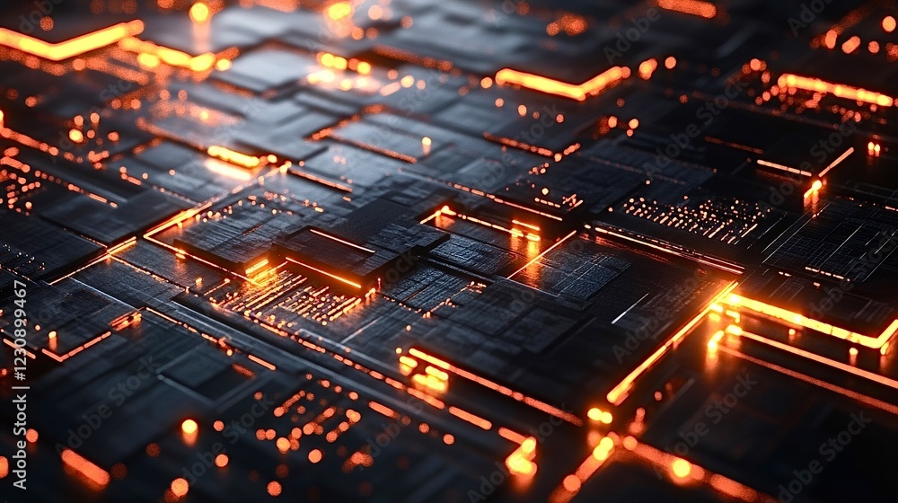 Poster futuristic circuitry lighting up with data flowing