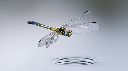 Yellow Green Dragonfly in Flight Above Water Ripples
