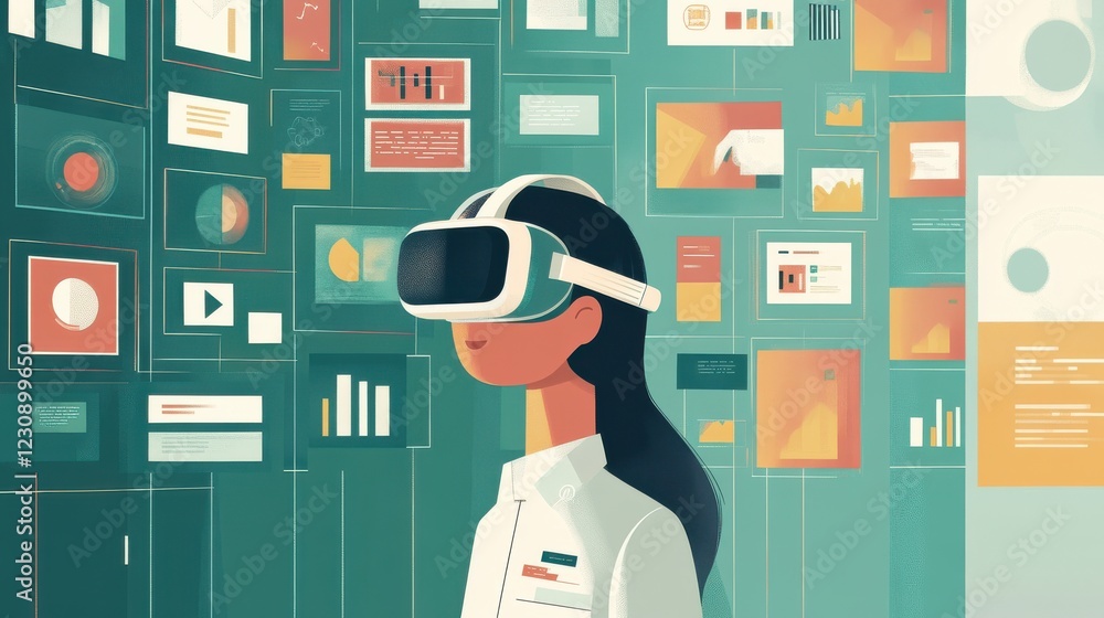 Aufkleber woman engaged in virtual reality with data visualizations in background