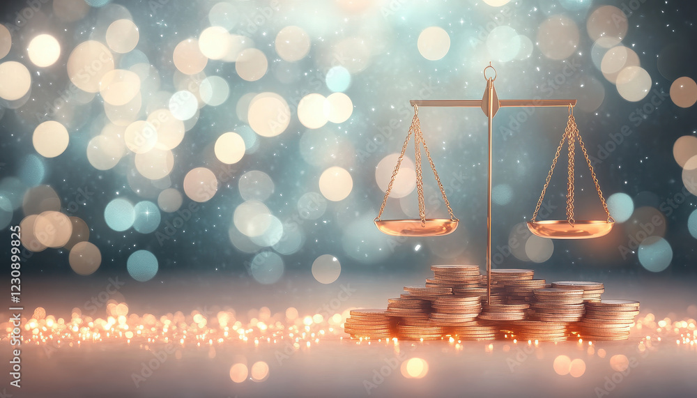 Poster conceptual image of risk management featuring balance scale on pile of coins, symbolizing financial 