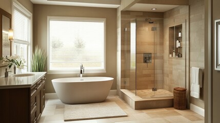 An elegantly designed minimalist bathroom showcasing a freestanding tub, a walk-in shower with clear glass, and neutral tiles, creating a tranquil spa-like atmosphere.