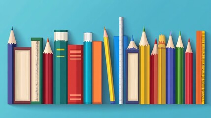 Fototapeta premium Colorful Stationery and Books Arranged on a Blue Background