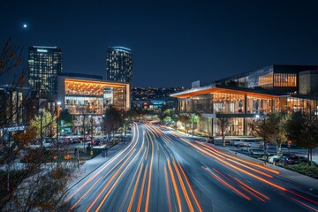 Fototapeta premium Night cityscape with car light trails and skyscrapers
