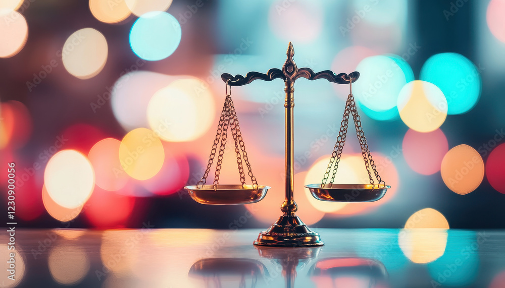 Poster conceptual image of balance scale representing justice and risk management, set against colorful bok