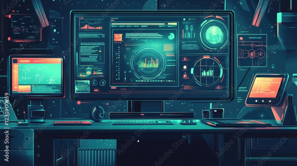 Poster futuristic workspace with high-tech monitors and digital interface