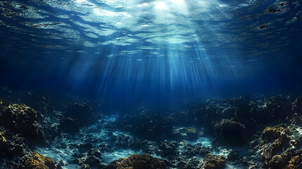 Fototapeta premium Underwater Sunlight Rays Illuminating Dark Blue Ocean Floor