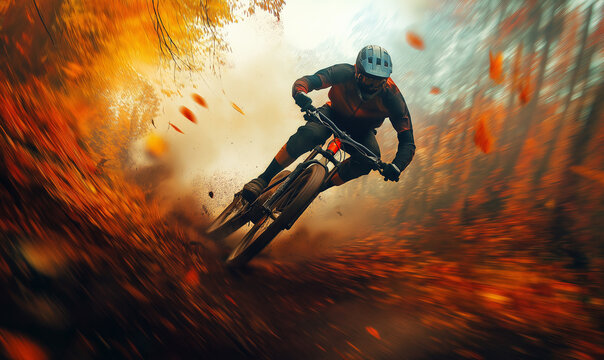 Mountain Biker Racing Downhill Through an Autumn Landscape, Conquering Rugged Terrain