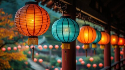 Illuminated Chinese Lanterns Hanging Underneath A Temple Structure