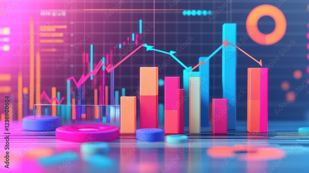 Poster an infographic-style image displaying a vibrant d bar chart alongside various data points, with arro