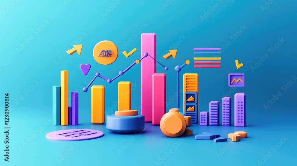 Poster an infographic-style image displaying a vibrant d bar chart alongside various data points, with arro