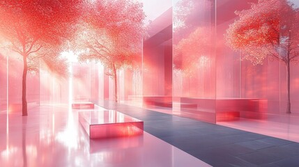 Minimalist 3D abstract environment with trees and podiums. Generative AI