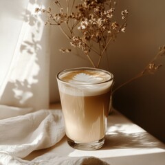 Latte art in glass cup on sunny windowsill with dried flowers.
