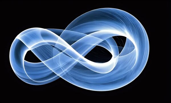 Blue infinity symbol, swirling, dark background, abstract design, website