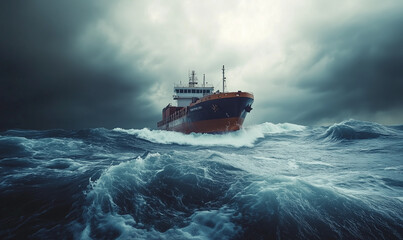 Cargo Ship Sailing Through a Stormy Sea, Captured in a Powerful Display of Nature's Force