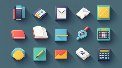 Colorful Icons of Office Supplies and Stationery on a Green Background