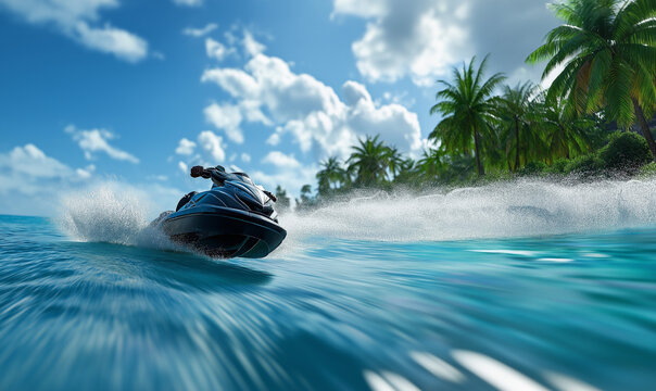 Jet Ski Carving Through Waves in a Tropical Bay, Showcasing High-Speed Action and Adventure