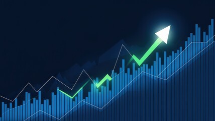 An upward-trending graph representing business growth and success with vibrant green and blue colors against a dark background.