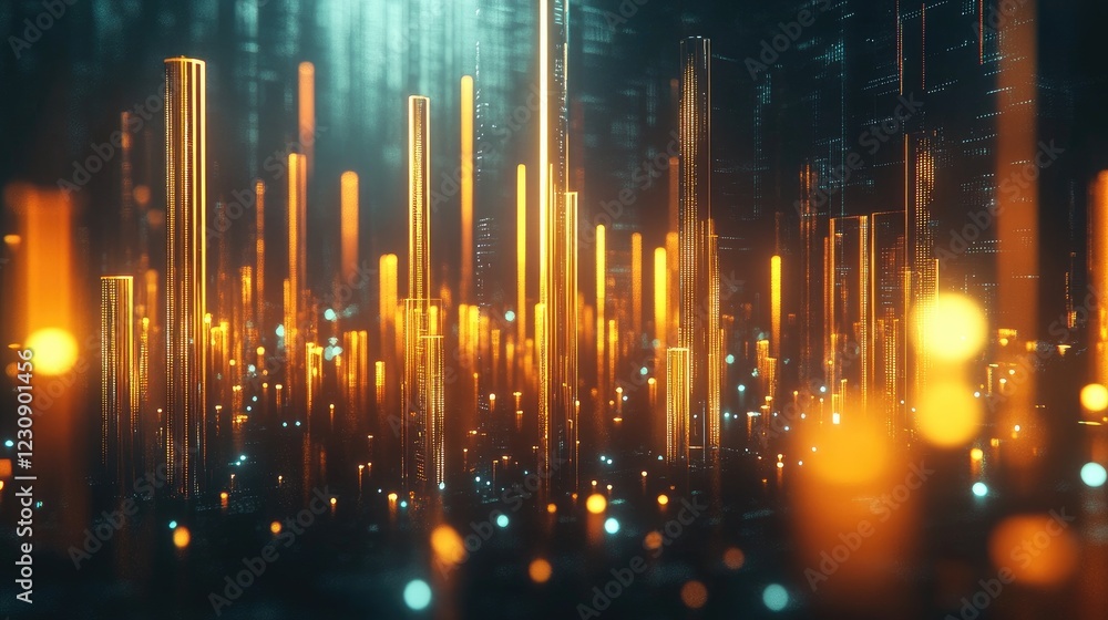 Poster a d bar graph with metallic bars representing financial growth, set against a dark background with g