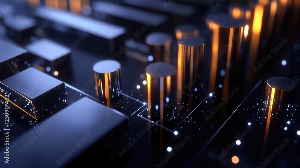 Poster a d bar graph with metallic bars representing financial growth, set against a dark background with g