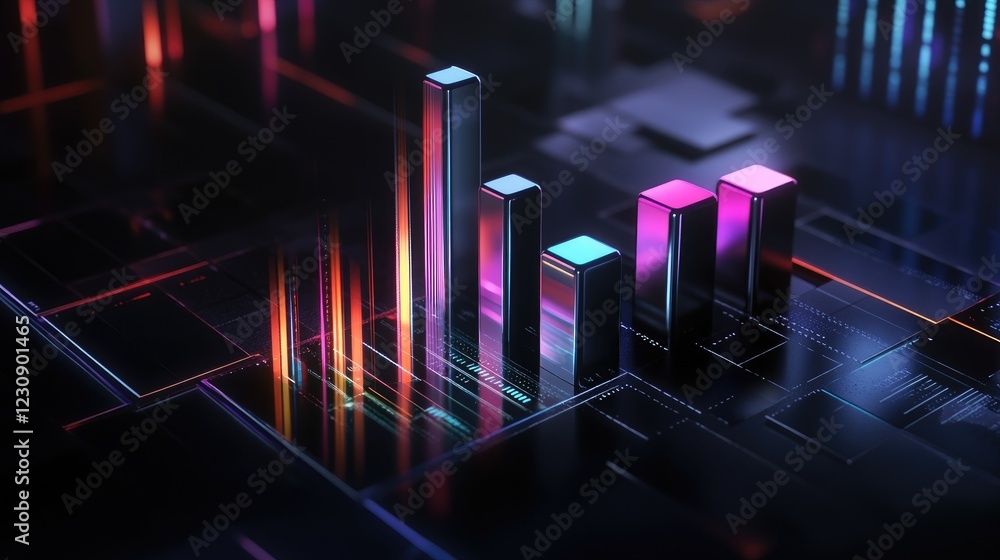 Poster a d bar graph with metallic bars representing financial growth, set against a dark background with g