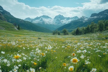Meadow with blooming wildflowers under a clear blue sky