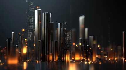 A D bar graph with metallic bars representing financial growth, set against a dark background with glowing data points and futuristic visual elements for impact.