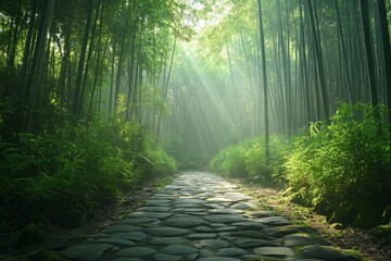 Obraz premium Sunlit forest path surrounded by tall lush trees