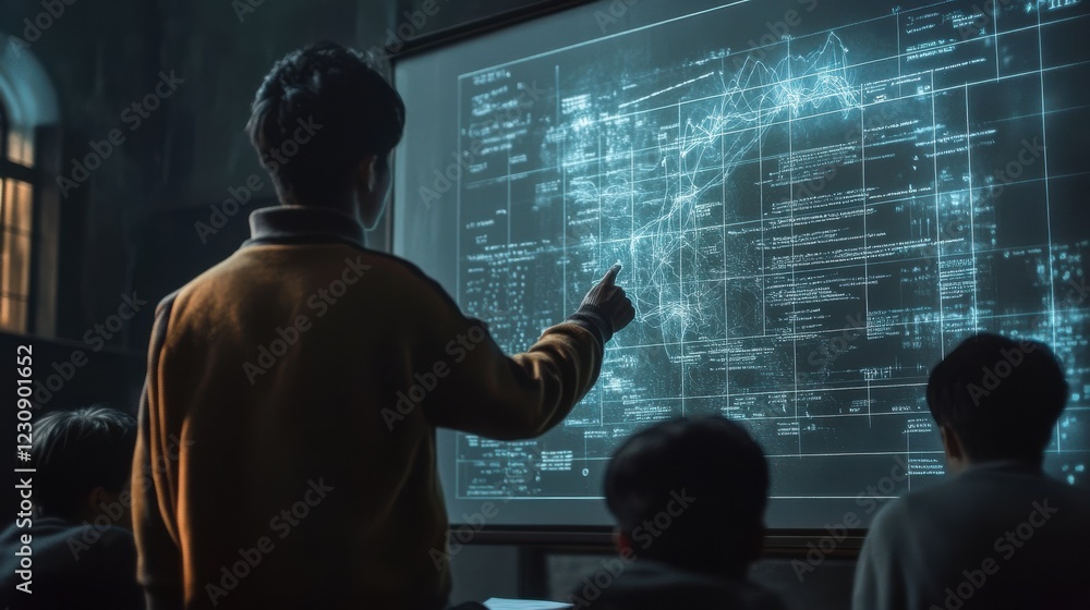 Poster student engaged with data visualization in classroom presentation