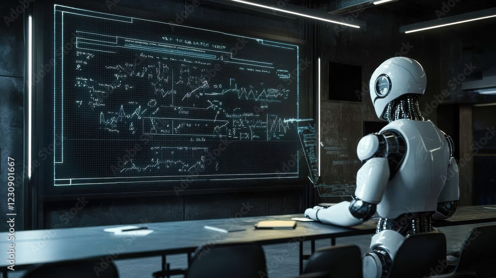Poster robot analyzing data on digital screen in modern office setting