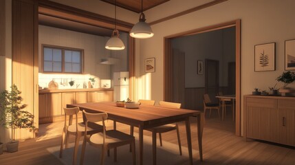 A beautifully arranged minimalist dining area with a simple wooden table, stylish chairs, and soft pendant lighting, creating a warm and inviting space for family gatherings.