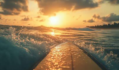 Surfboard Cutting Through Giant Waves at Sunrise, Showcasing the Thrill of Surfing