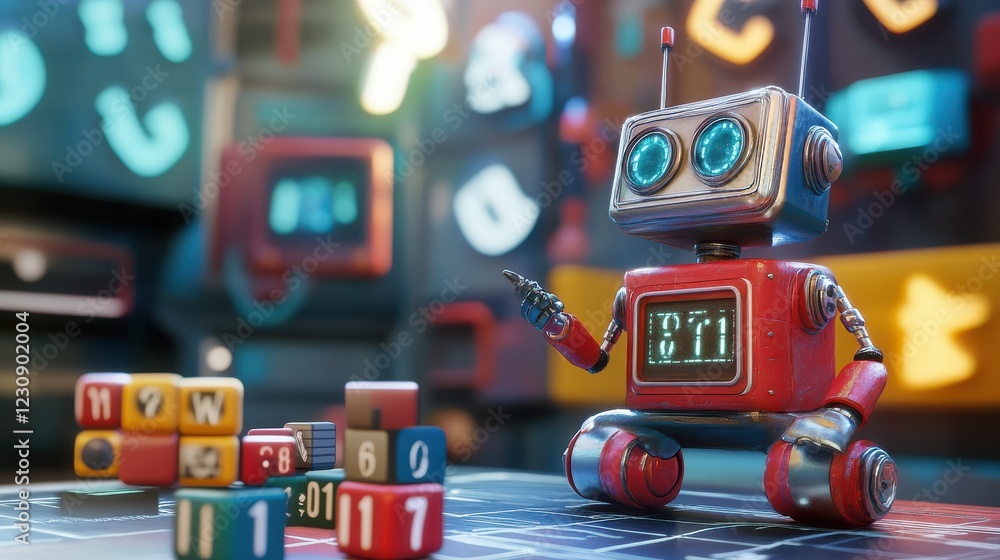 Poster retro robot engaged with colorful building blocks in playful setting