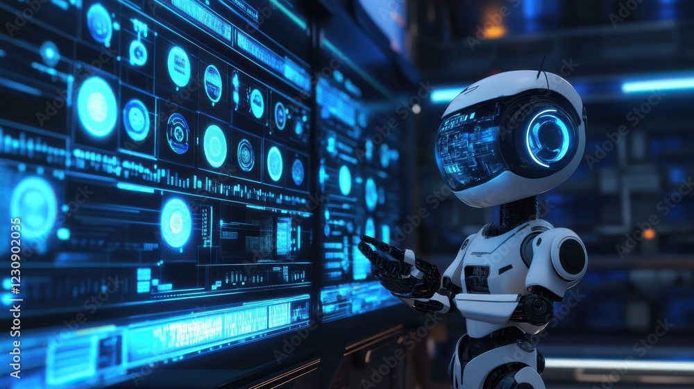 Poster futuristic robot analyzing data on a high-tech display screen