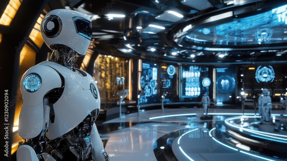 Poster futuristic robot in high-tech control room with digital displays