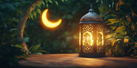 Illuminated lantern on wooden surface with crescent moon and foliage. (1)