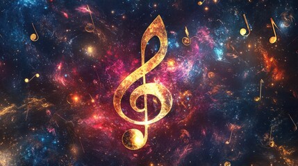 Glowing Treble Clef and Musical Notes in Cosmic Background