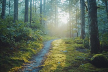 Obraz premium Path through a forest with sunlight filtering through trees