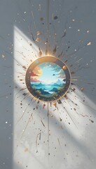 Golden Frame Encircles Serene Coastal Landscape Scene