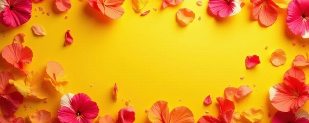 Yellow backdrop with loose flower petals in shades of pink and red, color, background