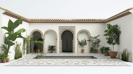 Fototapeta premium A serene indoor courtyard with white walls, arches, potted plants and a small pool
