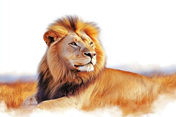 Naklejka premium Majestic lion resting in golden grassland, showcasing strength and serenity, ideal for wildlife enthusiasts and nature lovers
