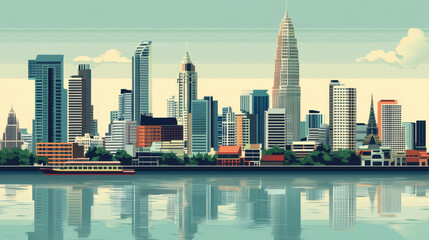 Obraz premium vibrant Bangkok skyline featuring modern skyscrapers and traditional architecture reflected in water, showcasing city unique blend of cultures and styles