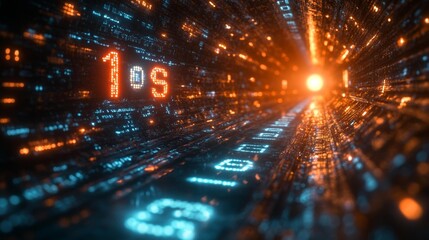 Futuristic Glowing Matrix Tunnel with Binary Numbers. Generative AI