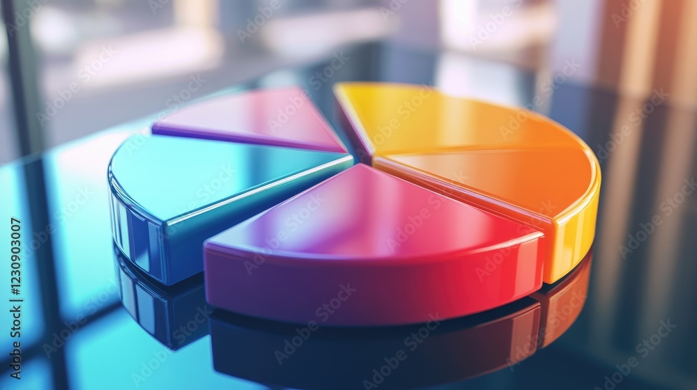 Poster a close-up of a d pie chart with gradient colors, showcasing financial statistics, with each slice s