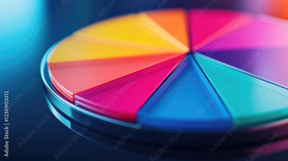 Poster a close-up of a d pie chart with gradient colors, showcasing financial statistics, with each slice s