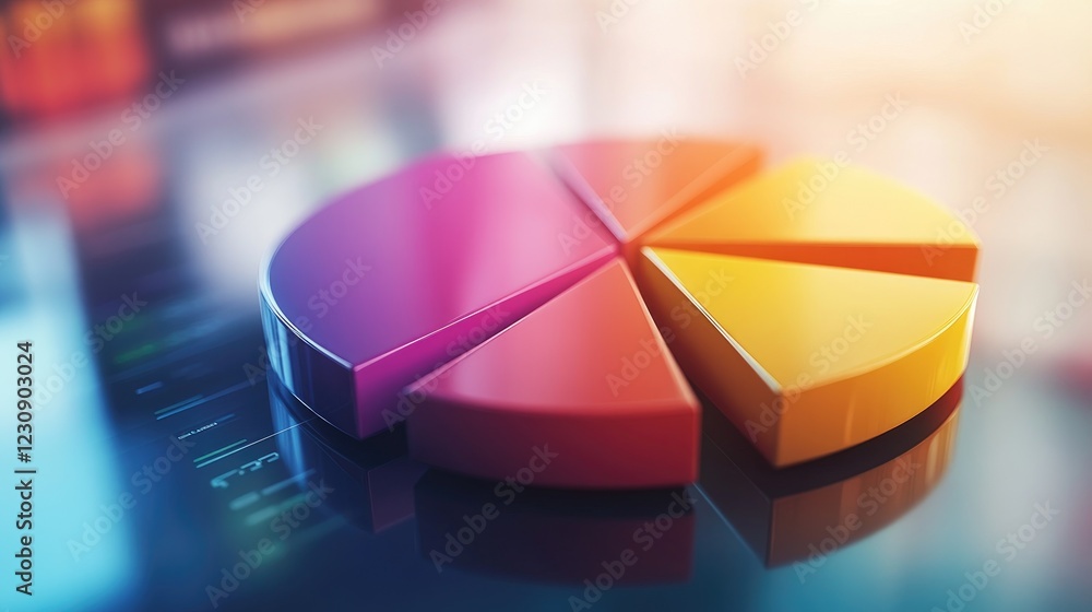 Poster a close-up of a d pie chart with gradient colors, showcasing financial statistics, with each slice s