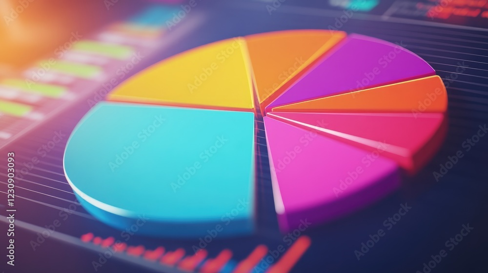 Poster a close-up of a colorful pie chart on a computer screen, showcasing data distribution and percentage