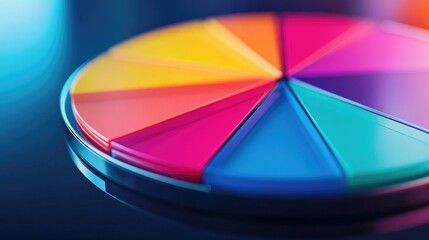 Fototapeta premium A close-up of a D pie chart with gradient colors, showcasing financial statistics, with each slice separated for emphasis, placed on a sleek, reflective surface.